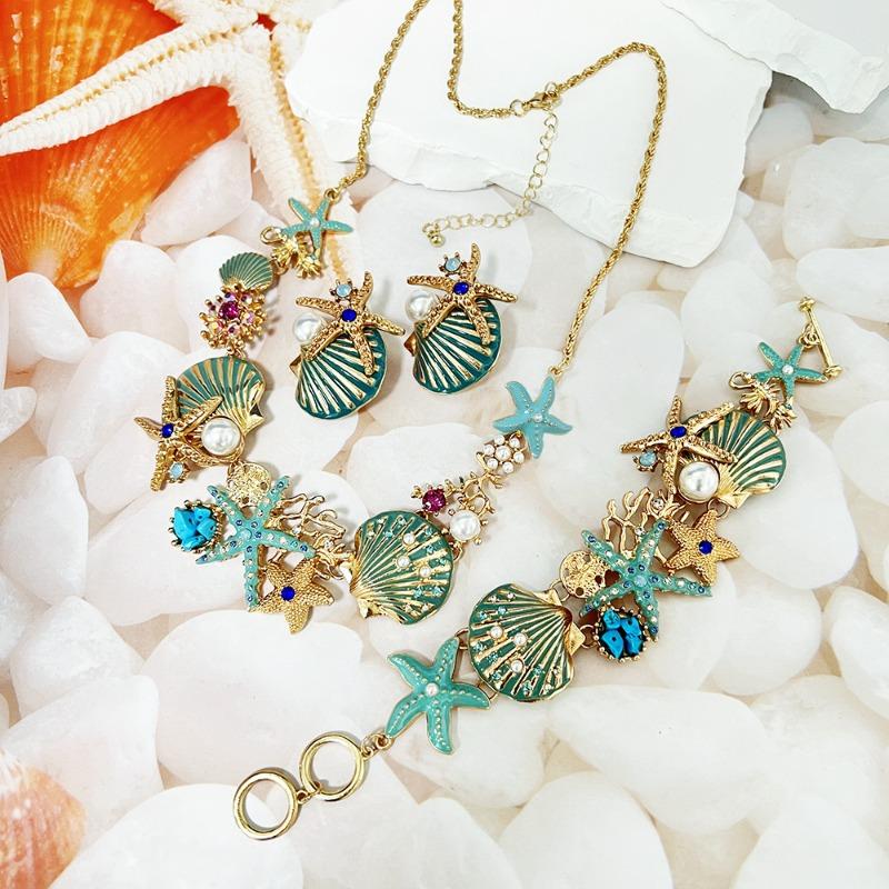 Island style beach starfish vacation four-piece set chain alloy diamond-encrusted bohemian shell jewelry