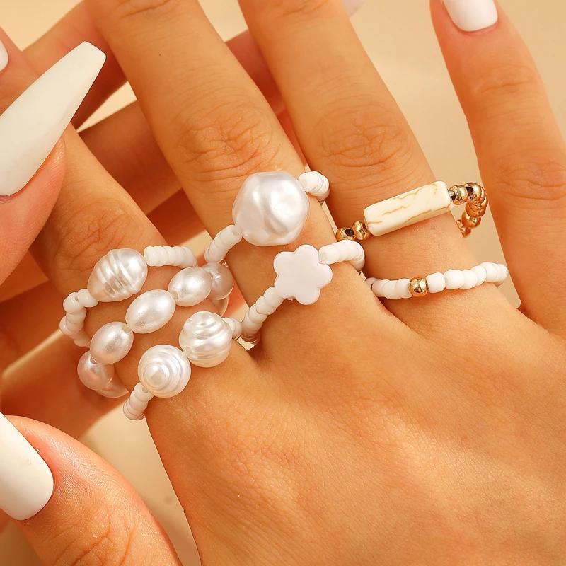Ethnic Style Imitation Pearl Beads Rings Set For Women Retro Blue Stone Cross Elastic Rope Ring Personality Jewelry Gift