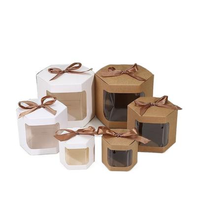 6Pcs Hexagonal Kraft Paper Box Transparent Window Handmade Gift Packaging Boxes with Ribbon Candy Cookies Box