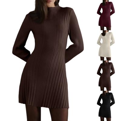Women's Long-Sleeve Half-High Neck Elegant Playful A-Line Knit  Dress