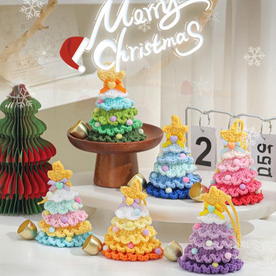 Knitted Christmas Tree Ornament Multi-Layered Mini Crochet Christmas Tree Hanging Decoration with Bell And Star Top Colorful Small Xmas Tree