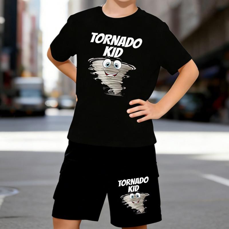 

Boys 2 Piece Tornado Kid Printed Outfit, Short Sleeve T-Shirt and Shorts Set for Kids Age 5-14,White Sporty Casual Summer Clothes 5-6 Years чёрный