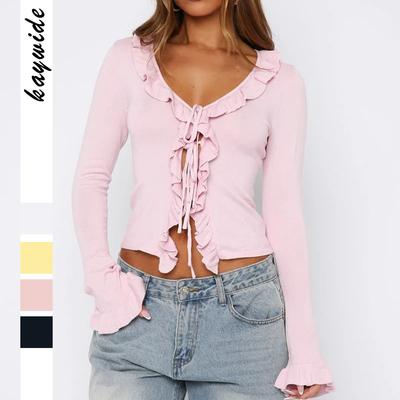 Y2K Hot Girl Long-sleeved T-shirt for Women with Woolen Women's Autumn and Winter Ruffle Slim V-neck Casual Top