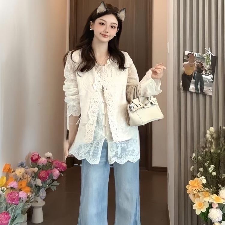 Stylish Women's Chinese-Style Vest & Lace V-Neck Long Sleeve Blouse Set