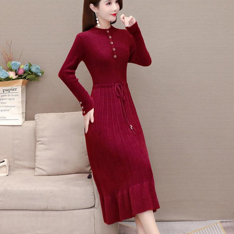 Women's Mink-proof Knitted Dress Loose Solid Color Mid-length Sweater Dress Knee-length Fishtail Dress for Autumn and Winter