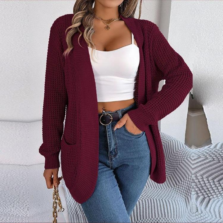 Knitted Cardigan Women Long Sleeve Sweater Casual Pocket Autumn Winter Solid Color S кларет