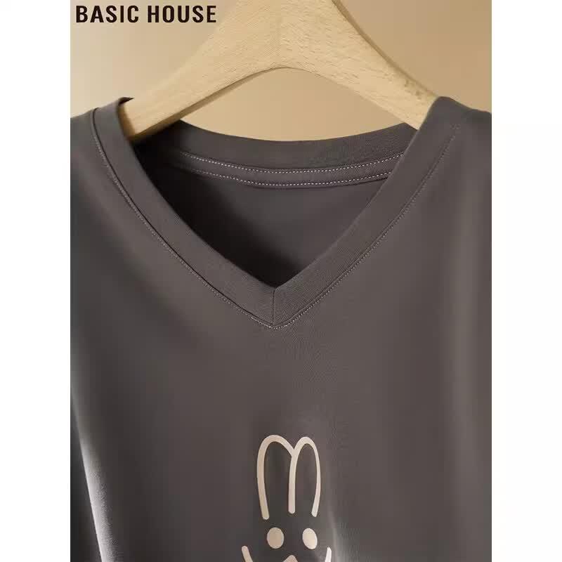 Basic House Women's Loose Fit V-Neck Short Sleeve T-Shirt