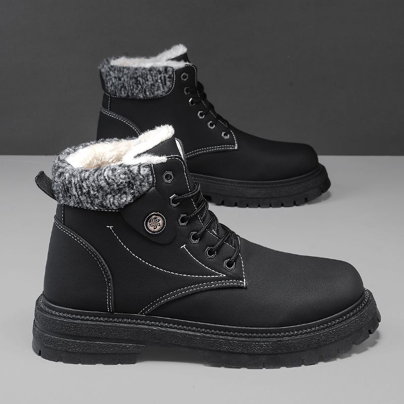 Men's Korean Casual Snow Boots Lace Up Work Boots Fleece Lined Thickened Winter Warm Waterproof Anti-slip Cotton Shoes