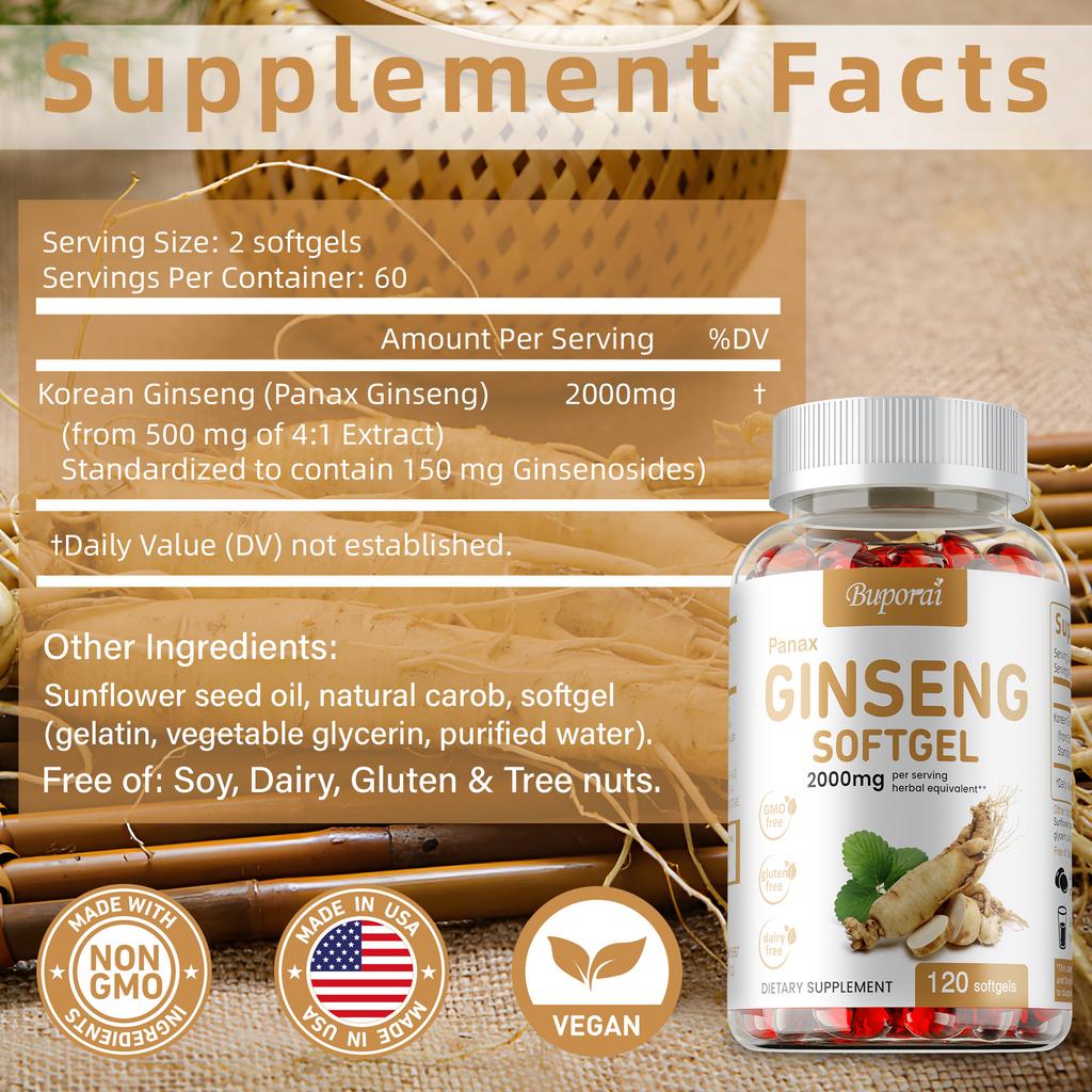 Buporai Ginseng Soft Capsules, containing 2000 mg, nutritional supplement, suitable for adults.