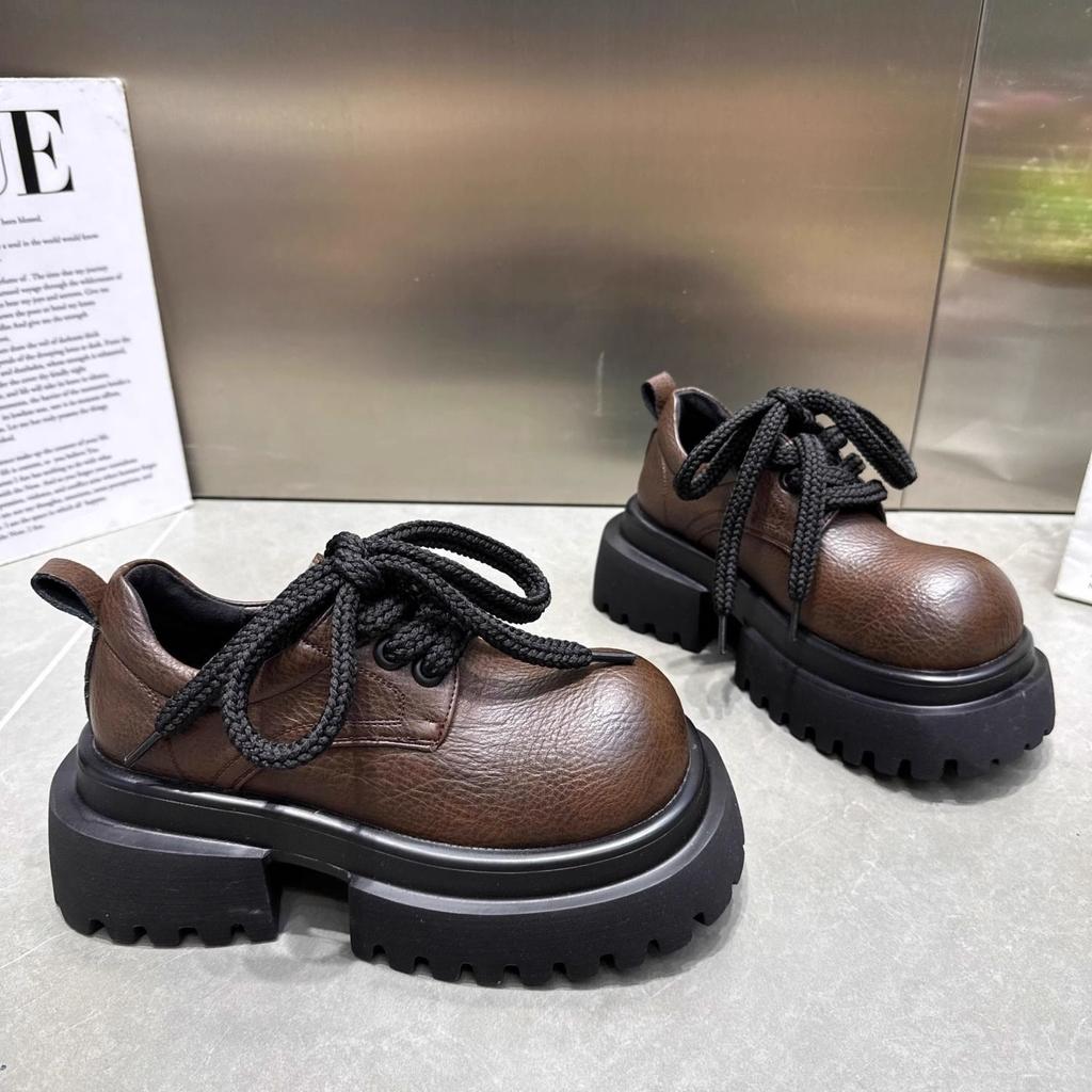 Boty na šněrování s tlustou podrážkou, s velkou špičkou, z malé kůže, nízké, jedny boty, dámské boty pro vysokoškoláky