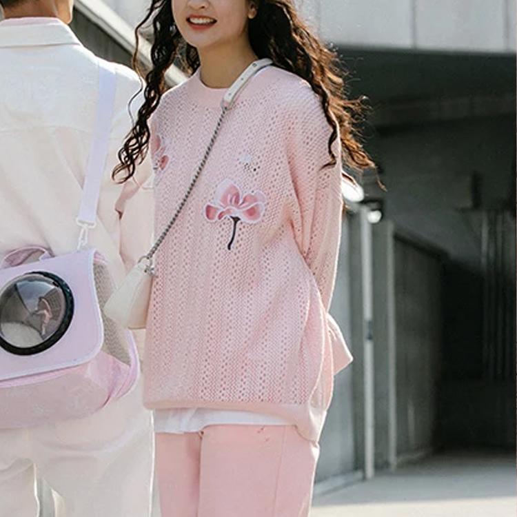 Li Ning Sport Fashion Series Floral Print Round Neck Pullover Long Sleeve Knit Sweater Women Sweater Light-Pink AMBS068-1