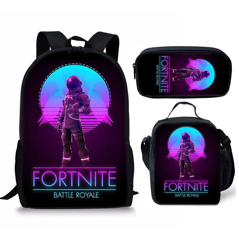 3 pièces Sac à dos d'activité Fortnite Anime Dessin animé Cartable Grande capacité Étudiant Sacs d'école Trousse à crayons Mignon et Charmant Sac à lunch Date de naissance Cadeau