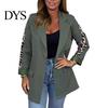 Leopard Print Cuff Jacket Women Suit Coat Lapel Stitching Long Sleeve Open Cardigan Front with Flap Pockets Business Formal Outwear Solid Color