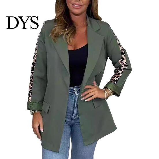 Leopard Print Cuff Jacket Women Suit Coat Lapel Stitching Long Sleeve Open Cardigan Front with Flap Pockets Business Formal Outwear Solid Color