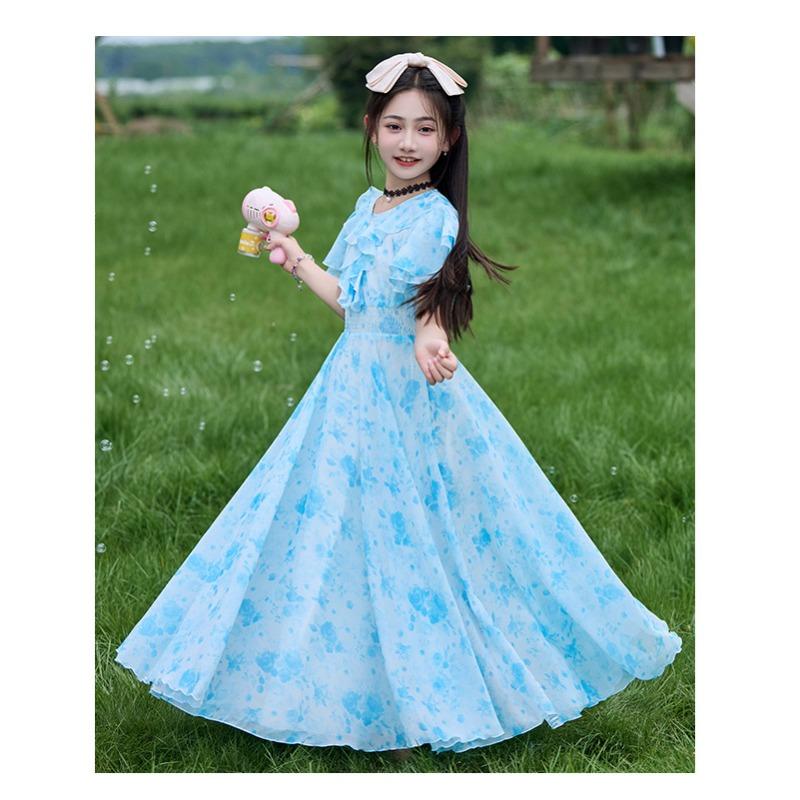 Mädchen Sommerkleid mit Blumenprint, Prinzessinnenstil, kurzärmelig, A-Linie, für größere Kinder