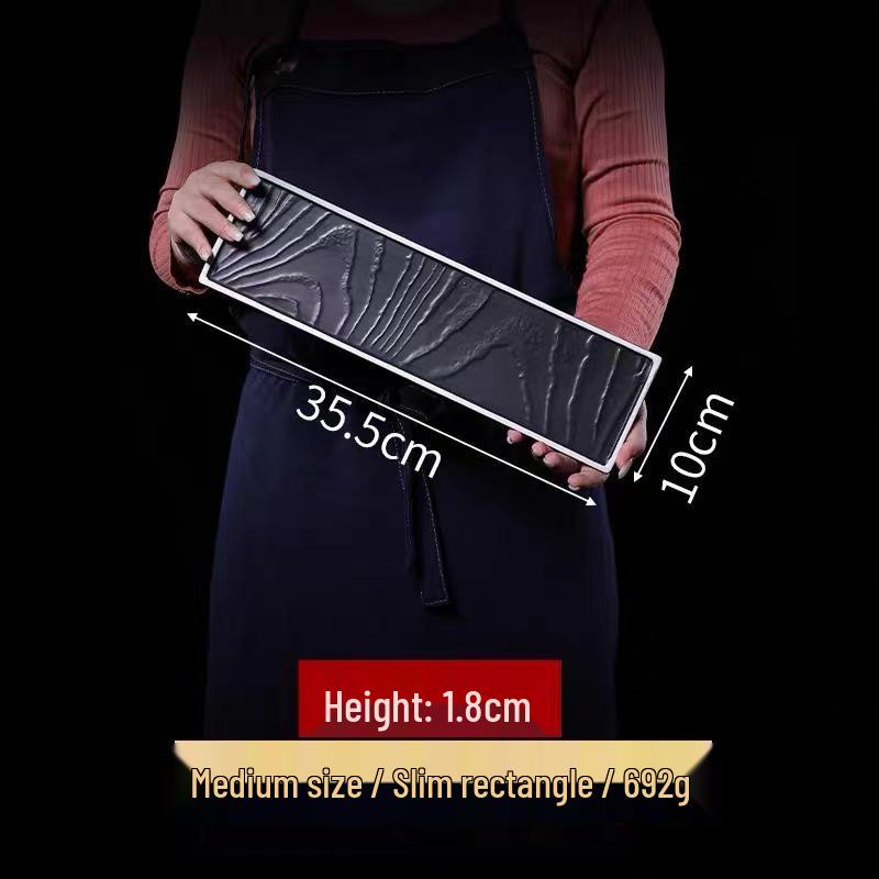 Matte Black Ceramic Wood Grain Plate for Steak, Barbecue, Snacks, and Desserts
