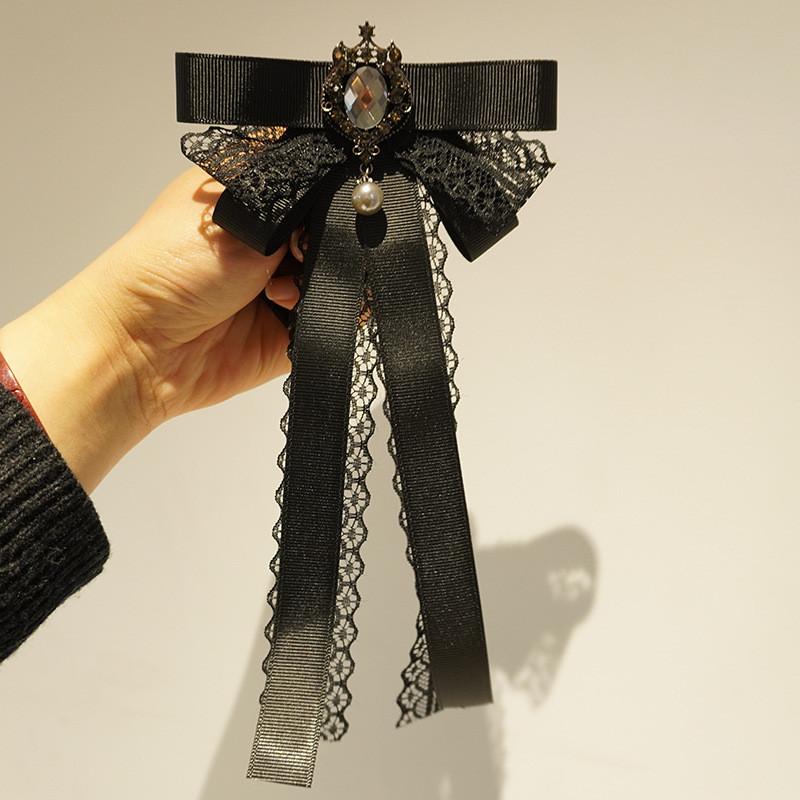 Black Lace Bow Tie With Rhinestone Brooch For Womens Fashion Accessory