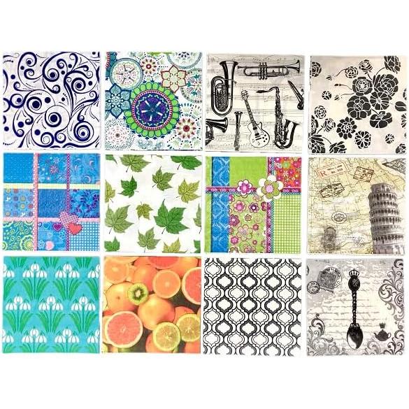Paper napkins 12 types, 1 sheet each, 12 sheets total Paper napkins Decoupage Leaf Leaning Tower Fruit Musical instrument Heart
