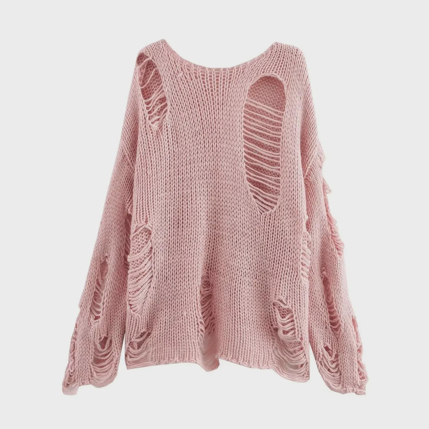 Женский свитер с ажурной вязкой - свободный с длинным рукавом легкий солнцезащитный блузка One Size розовый 2930₽