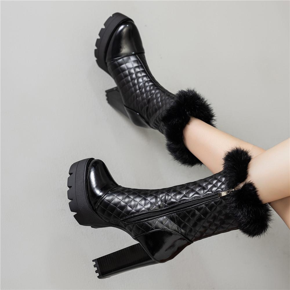 Fashion Womens Fur Thick High Heel Shoes Platform Elastic Band Side Zip Chelsea Boots Black Ankle Boot Zapatos Para Mujeres Motorcycle
