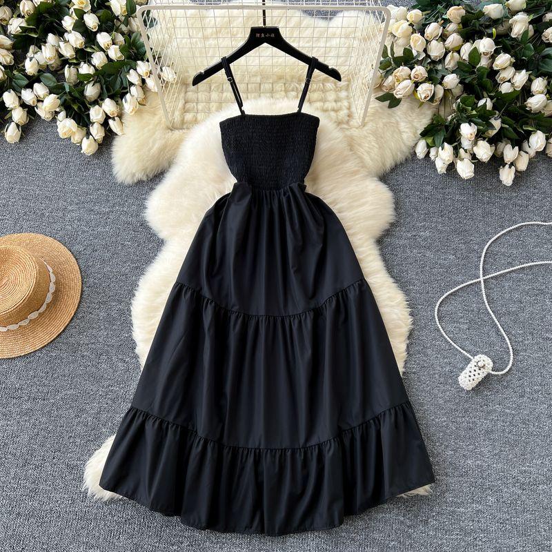 Sling Dress Women's 2024 Summer Dress New Arrival Elastic Tight Waist Slim Looking Sleeveless Tube Top Ruffles Long Dress