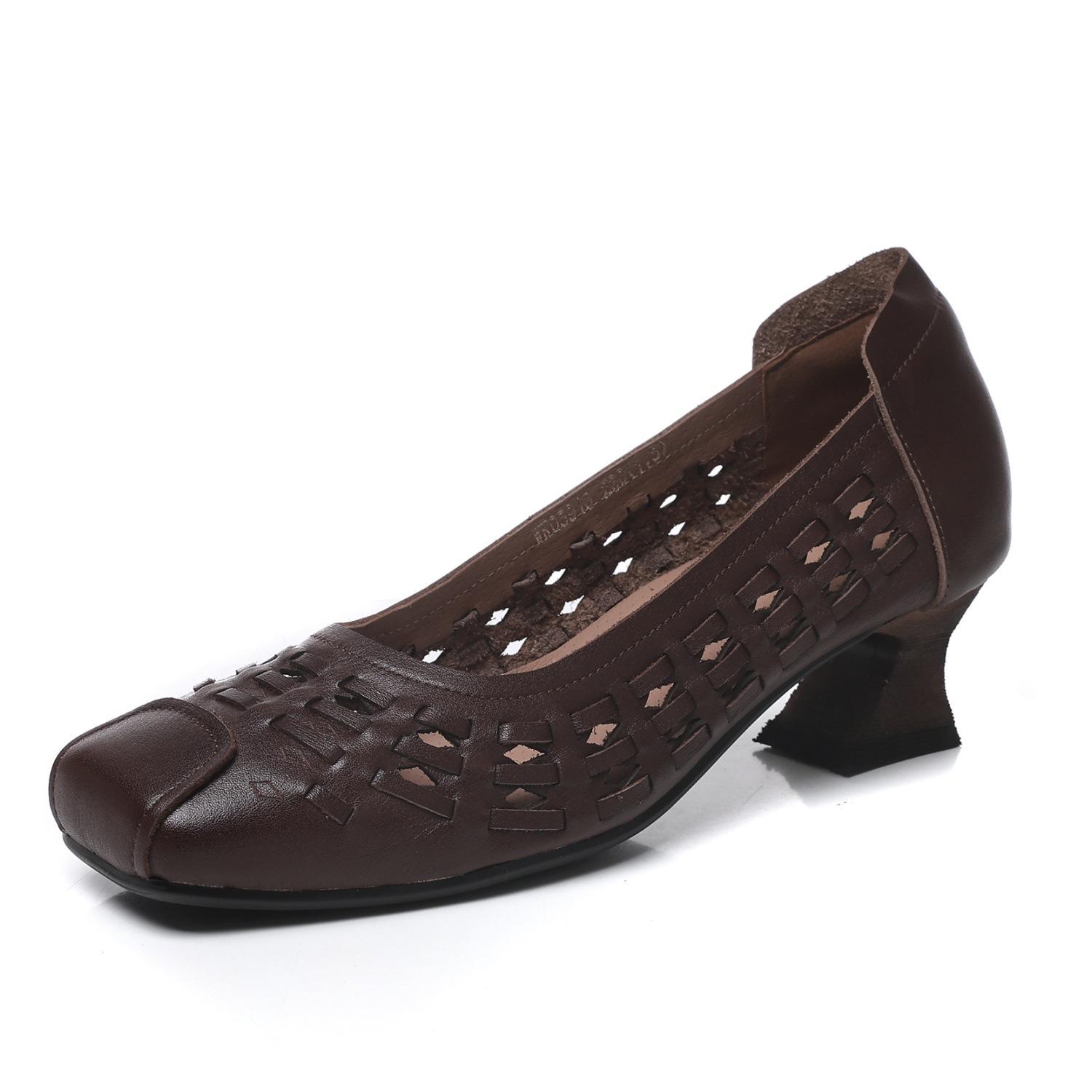 

Johnature Vintage Woven Genuine Leather Color Spliced Mid Heeled Women s Shoes Breathable Square Toe Pumps 40 кавовий