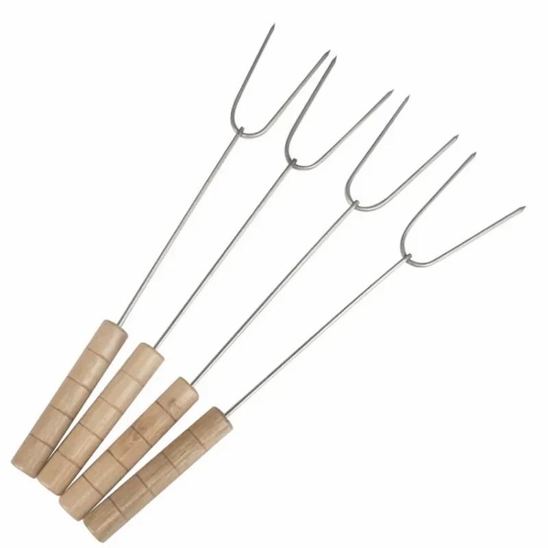 D2 5Pcs Barbecue BBQ Fork Needle Tools Accessories U Wooden Handle Ham Fork Camping Roasting Skewers Chicken Wings Forks Sticks