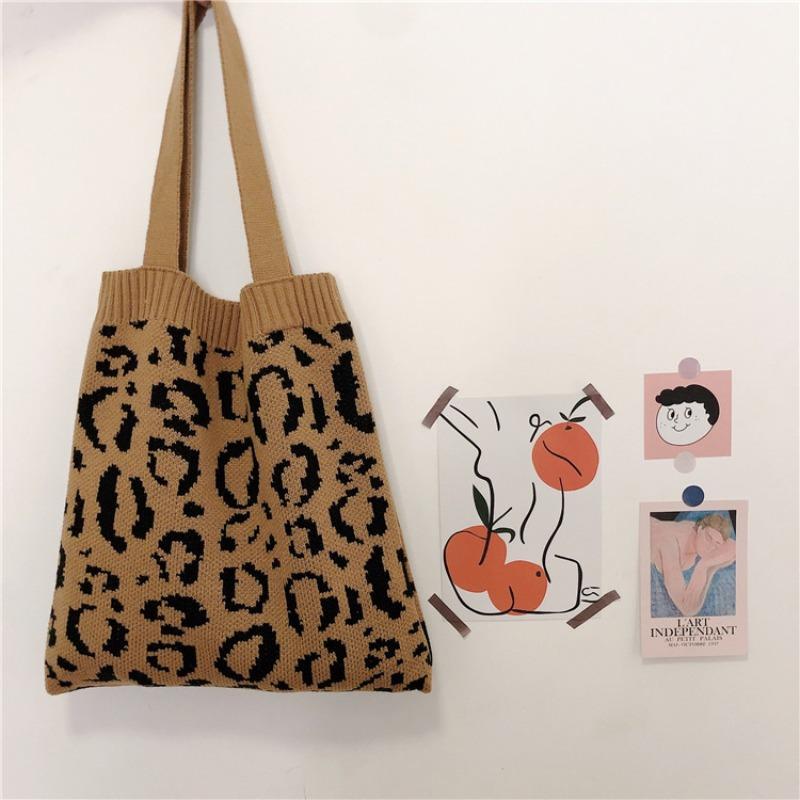 

1 Вязаная сумка-шоппер на осень и зиму, тканая сумка через плечо с леопардовым принтом, повседневная ручная сумка из шерстяной ткани хаки