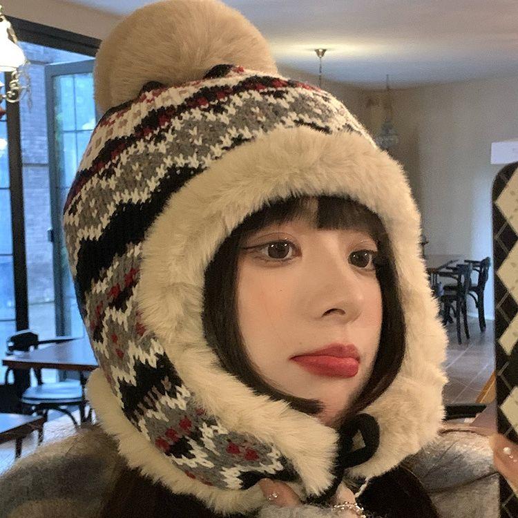Japanese Ethnic Wind Wool Hat Women'S Autumn And Winter Lei Feng Hat Travel Skiing Ear Protection Knitted Hat Plush Thickened Warm