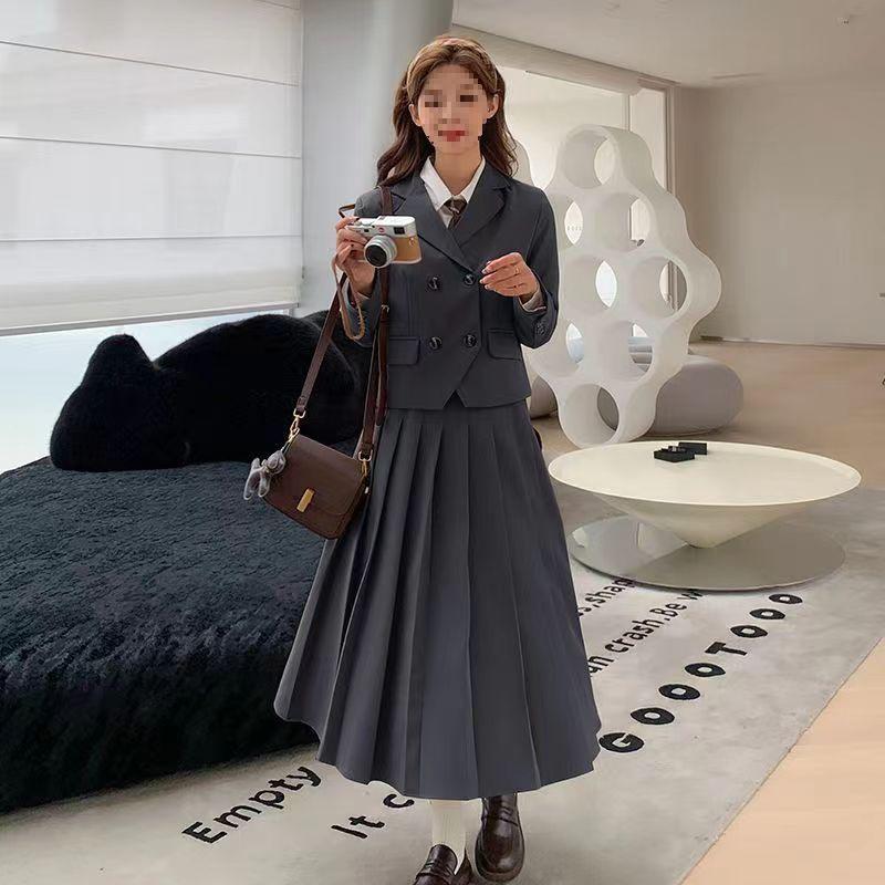 2025 College Style Skirt & Blazer Set: Women's Casual Street Fashion, Spring/Autumn Spandex Suit