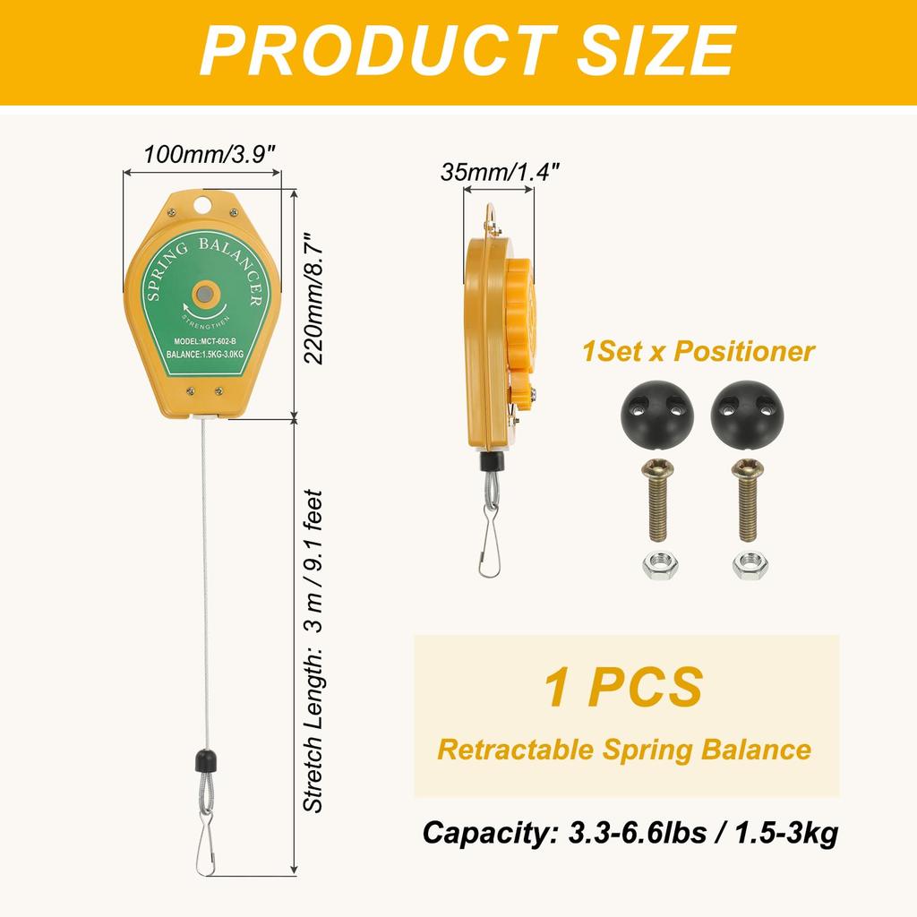 PATIKIL Retractable Spring Balancer 3.3-6.6lbs (1.5-3kg) Bearing Spring Tool Load Balancer 9ft Adjustable Cable Retractor Holder Positioner Included F