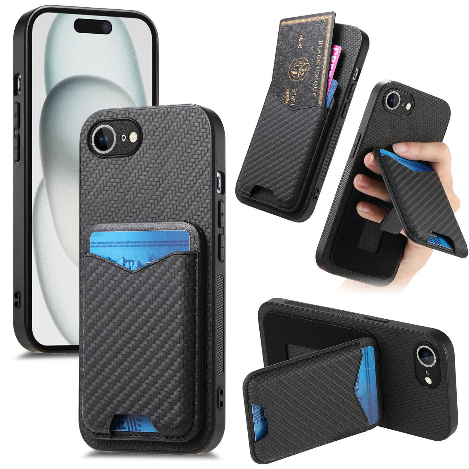 

For iPhone 16e Case Card Holder Kickstand Carbon Fiber Texture Back Cover Black
