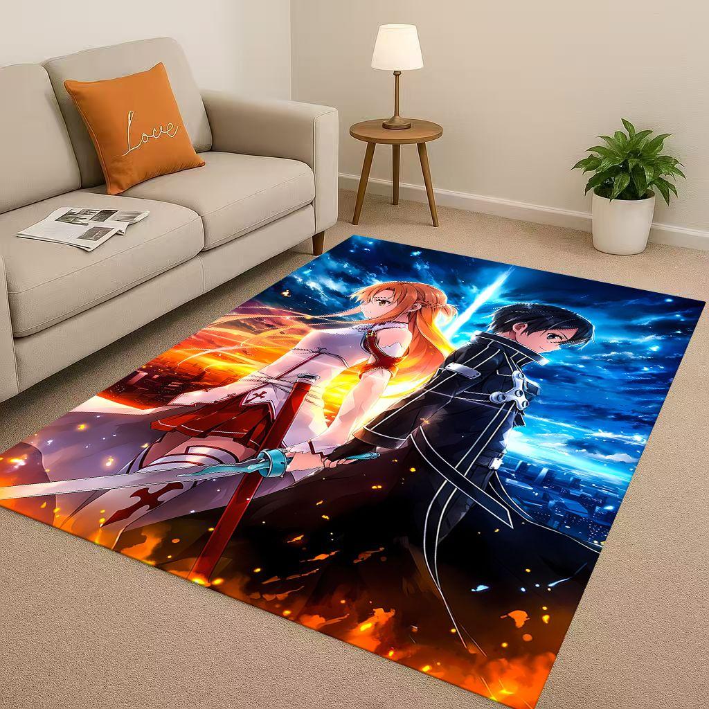 3D Sword Art Online SAO Cartoon Kirito Yuuki Asuna Living Room Non-Slip Area Rug Soft Carpet for Bedroom Sofa,Home Decor Doormat