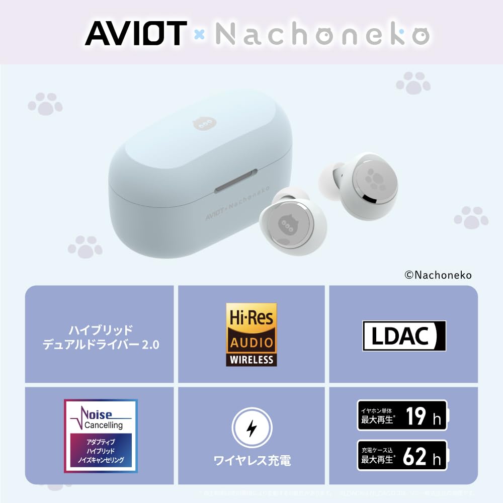 AVIOT Nachoneko Collaboration Wireless Earphones Hybrid Dual Driver LDAC Compatible Up to 62 Hours of Playback Adaptive Hybrid Noise Cancelling