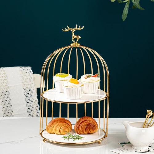 Wrought Iron Ceramic Cake Stand Multi-layer Fruit Plate Snacks Tray Dessert Plate Cake Pan Elk Display Stand Decorative Plates