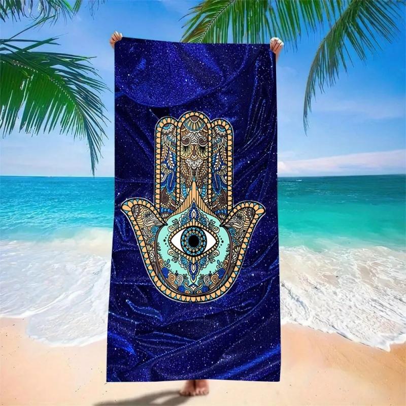 Blauer Sternenhimmel Hamsa Hand Strandtuch Super Saugfähig Schnell Trocknend Mikrofaser, Spirituelles Boho Muster Decke für Picknick & Outdoor