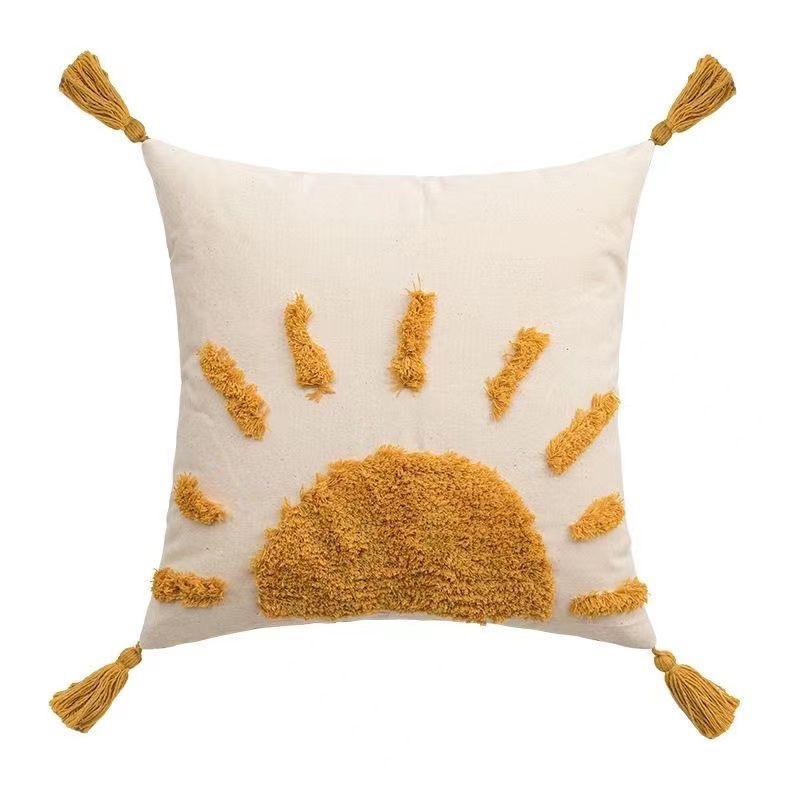 Ins Style Pillow Yellow Sun Tufted Pillow Case Homestay Pillow Living Room Sofa Tassel Cushion Removable and Washable