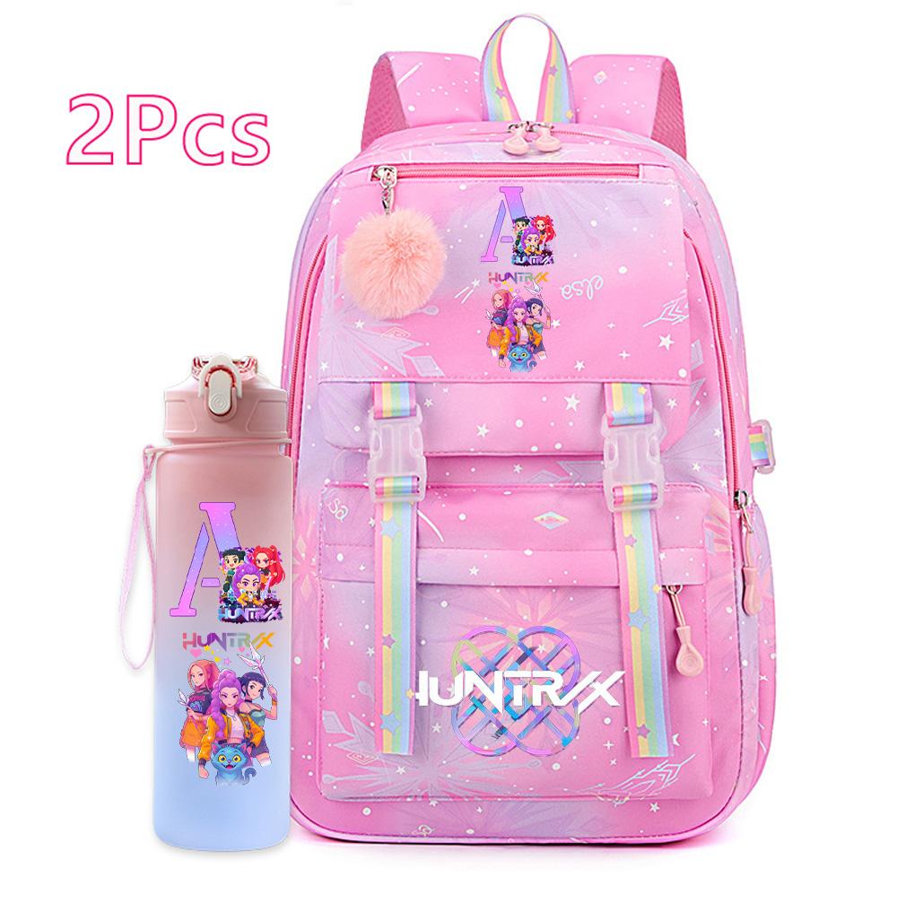 2 Stück/Set Ainme K-Pop Demon Hunters Rucksack mit englischem Buchstabenaufdruck mit Wasserflaschenhalter für Teenager Mädchen Jungen Schultasche Reisetasche