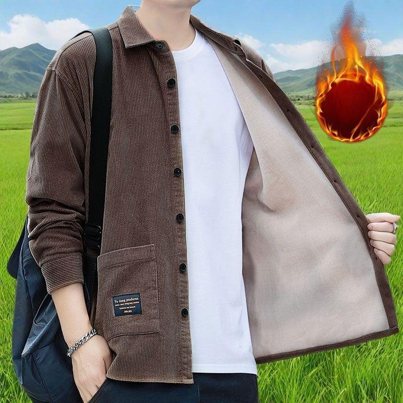 Men's Corduroy Warm Shirts Casual Jackets Long-sleeved Fleece Thickened Shirts Loose Tops and Jackets Autumn Winter Outerwear