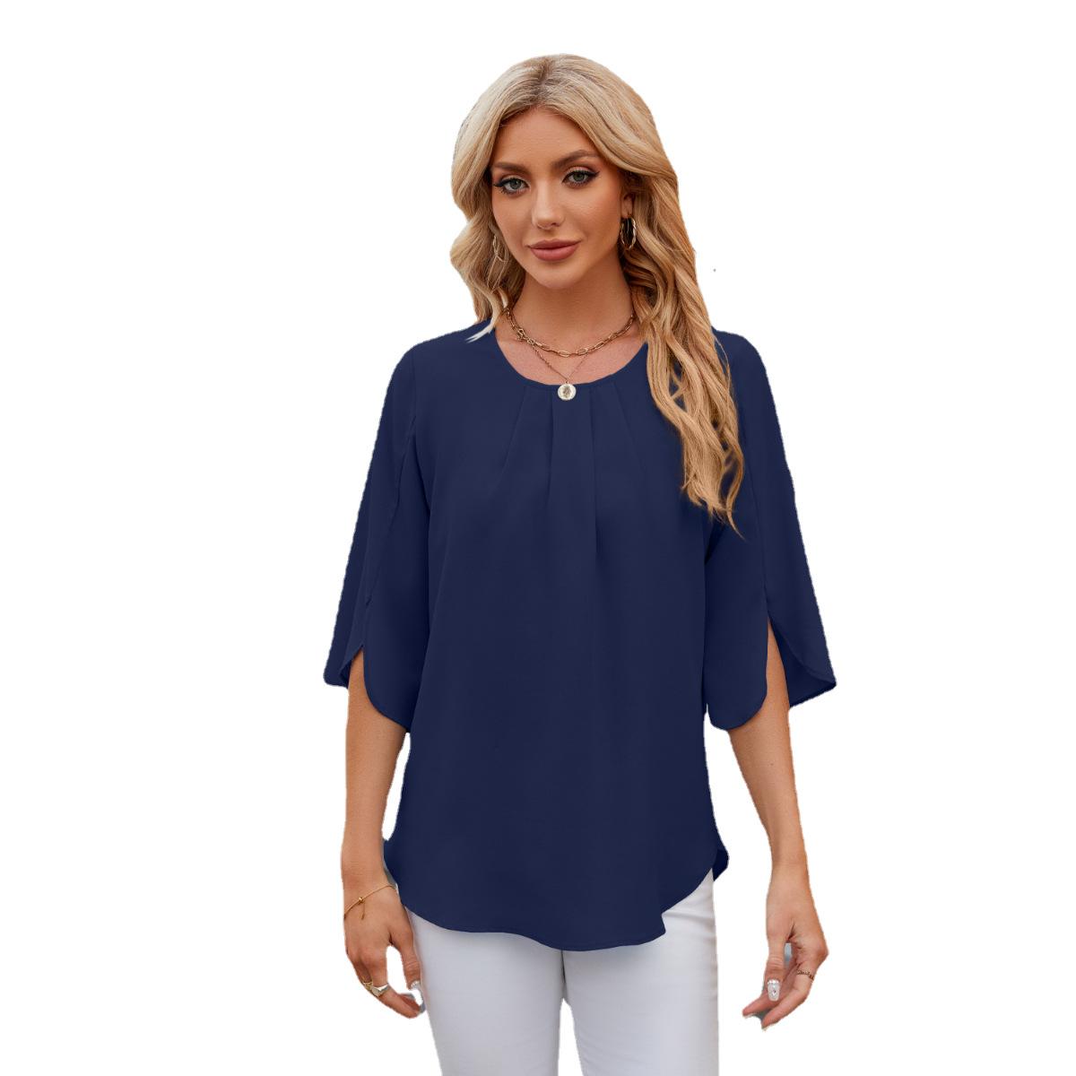 

Летняя женская футболка, однотонная, с круглым вырезом, свободная шифоновая рубашка с морщинами 2XL тёмно-синий
