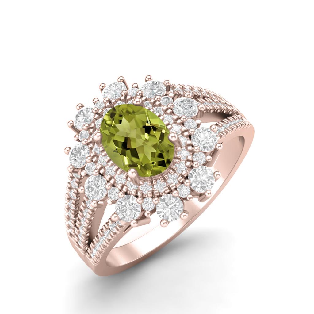 2.17 Ctw Oval Peridot 925 Sterling Silver Rose Vermeil Trio Split Shank Accents Women Wedding  Ring