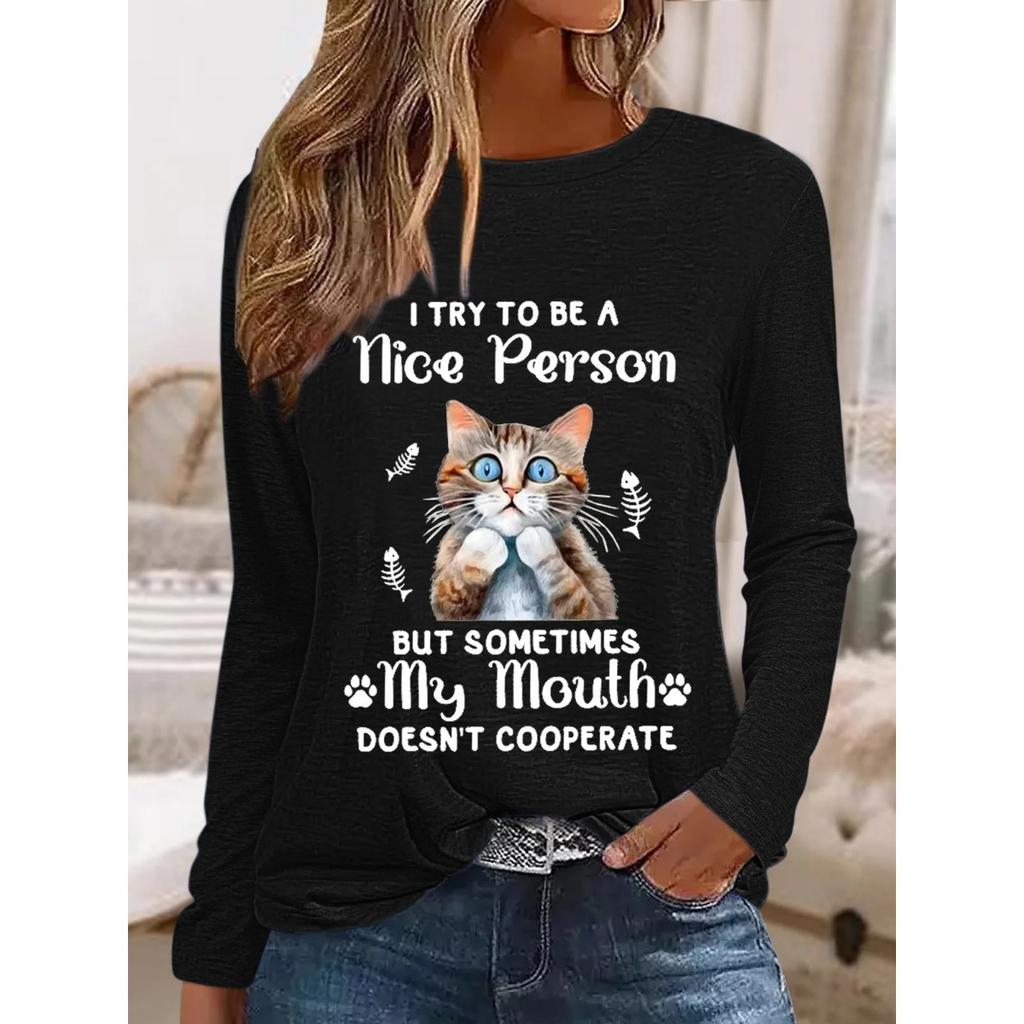 Okrągły dekolt 3D nadruk zabawny kot wzór top modny casual długi rękaw damskie koszulki
