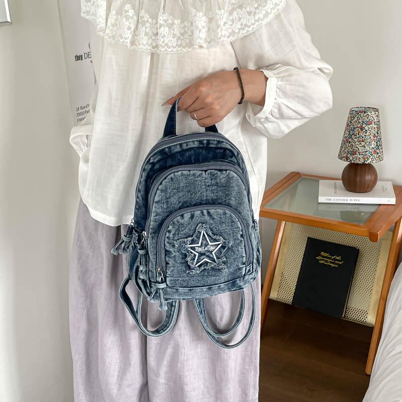 Bolso de Pecho de Mezclilla Gran Capacidad Bolso Cruzado para Mujer Viajero Múltiples Compartimentos Mochila de Estrella de Cinco Puntas