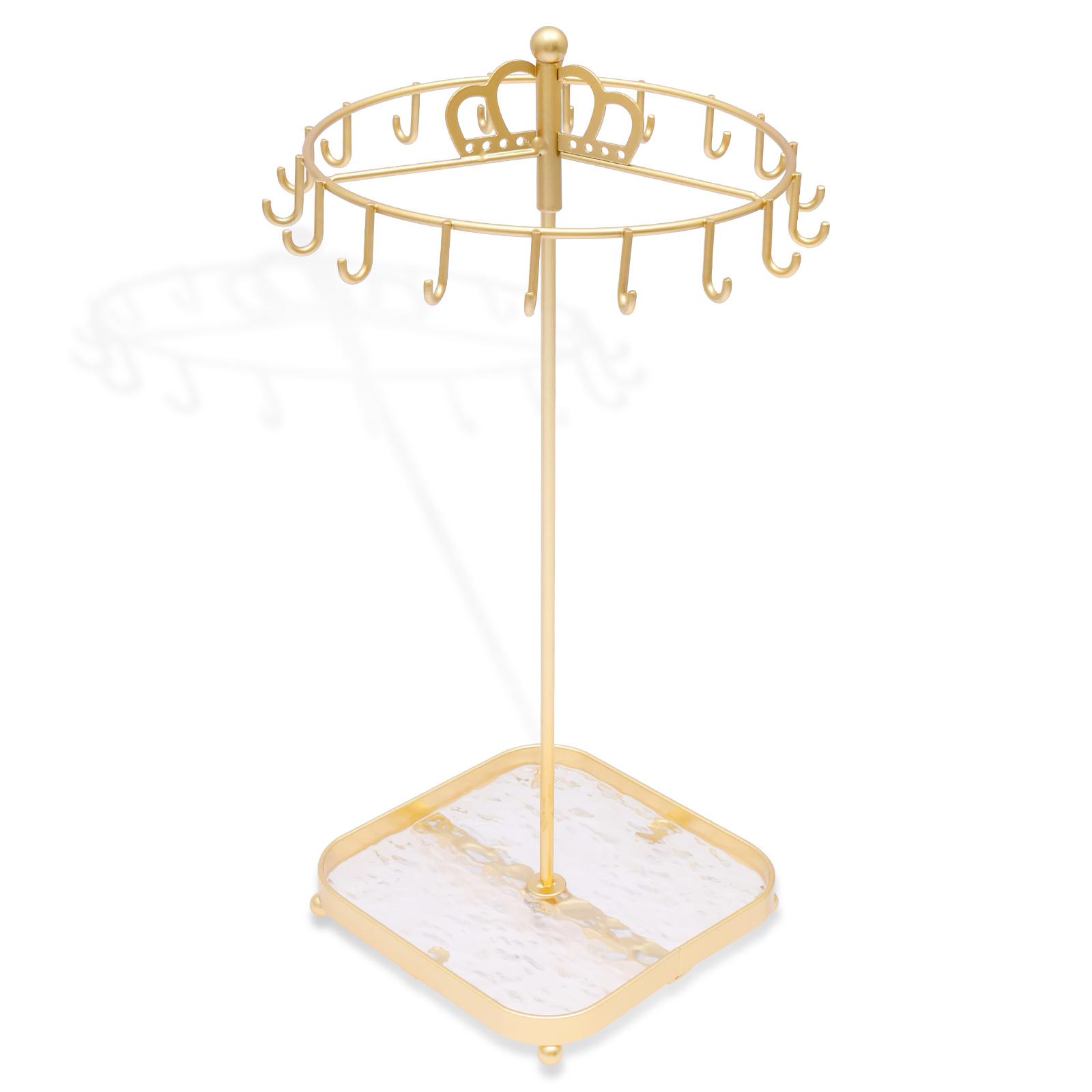 

Rotating Metal Jewelry Rack Necklace Holder with 18 Hooks Earrings Ring Bracelets Watch Display Stand Organizer Tray золотой