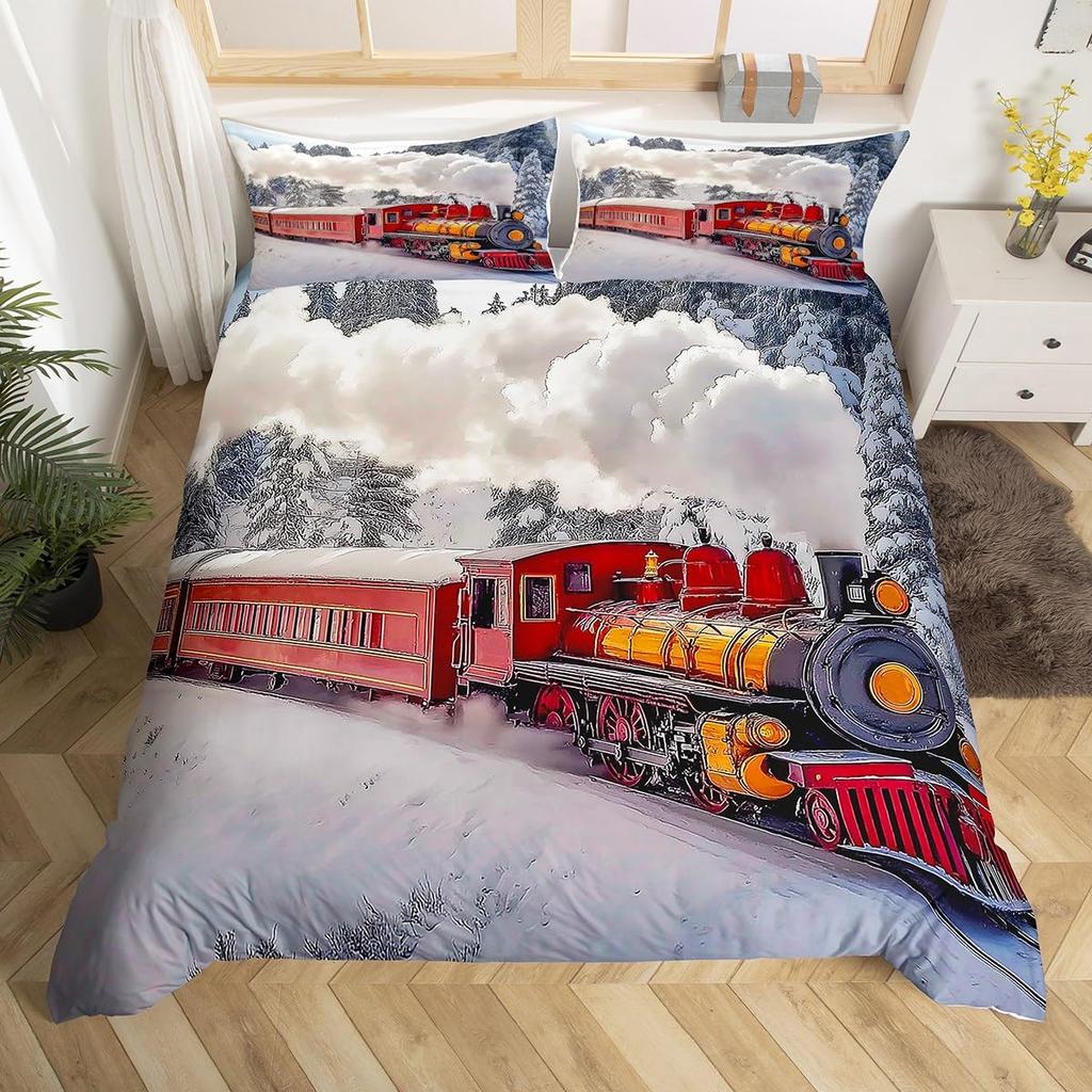 Winter Snow Train Duvet Covers For Kids Teens Queen Size Lightweight Quilt Covers Train Railway Track Bedding Set No Comforter