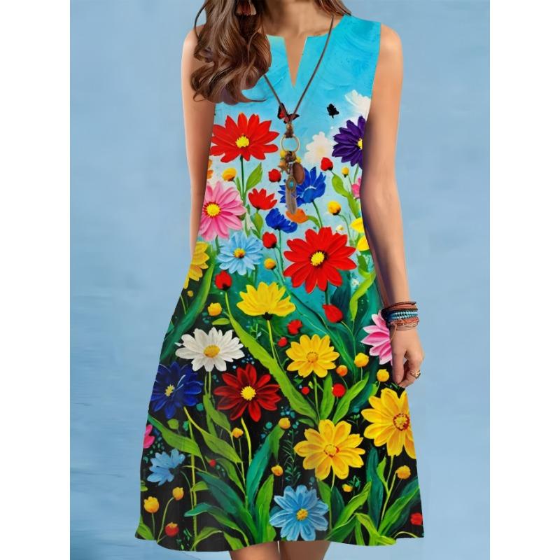 New Summer Beach Floral Print Dress For Women Casual Sexy Sleeveless V-neck Loose Mini Dress Elegant Short Dress Vestido