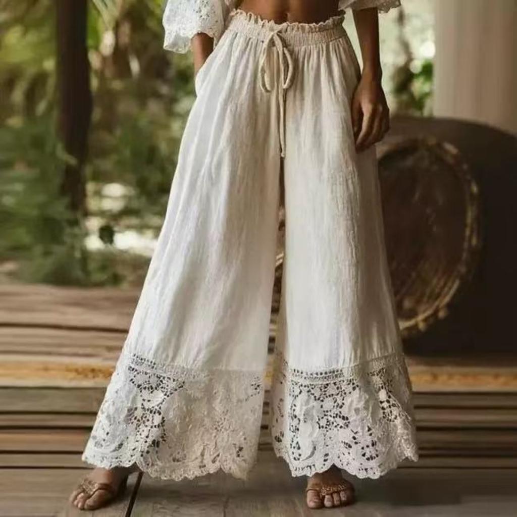 Women's Fashion Color Loose Linen Feel Wide Leg Pants with Lace Trim, Casual Trousers