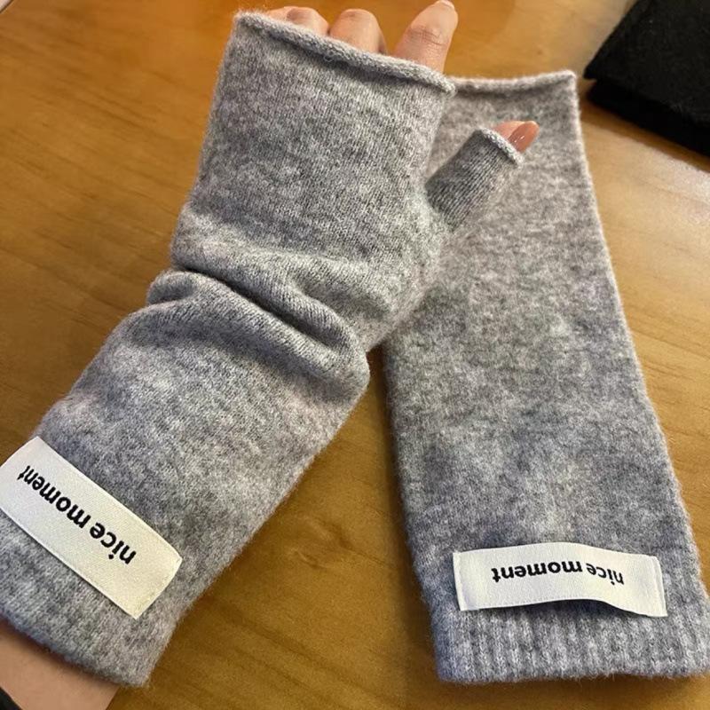 

Зимние перчатки с полупальцами для женщин, длинные вязаные перчатки без пальцев, сенсорные экранные перчатки, корейские однотонные, теплая защита запястья серый