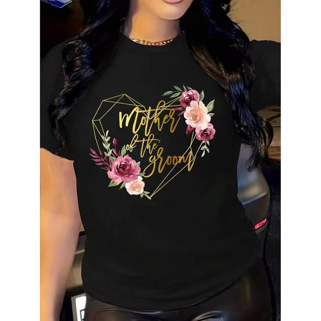 Unisexs Tshirt Golden Heart Floral Mother Of The Groom Casual Birthday Gift All Season Wear Everyday Outdoors