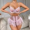 Mesh Love Embroidery Perspective Bra Women's Rhinestone Suspenders Sexy Underwear Set New